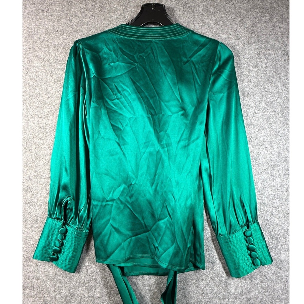 Diane von Furstenberg Green Silk Wrap Blouse Satin V-Neck Tie Waist Top Size 2 - Picture 3 of 8